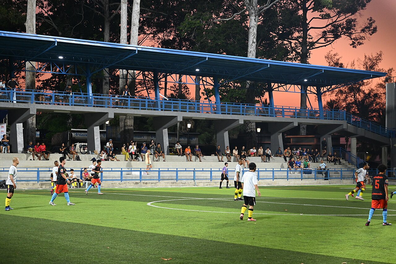 File:DFC 5325 Evening match under the pines - youth teams battle on the floodlit pitch as a coral sunset lights the sky.jpg — illustrative image
